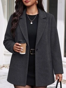 EMERY ROSE 2026 Plus Size Women's Autumn/Winter Wool Solid Color Lapel Single Button Casual Commuter Suit Jacket, With Pockets, Women's Autumn/Winter Clothing. - Dark Grey - View 9