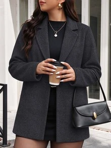 EMERY ROSE 2026 Plus Size Women's Autumn/Winter Wool Solid Color Lapel Single Button Casual Commuter Suit Jacket, With Pockets, Women's Autumn/Winter Clothing. - Dark Grey - View 7