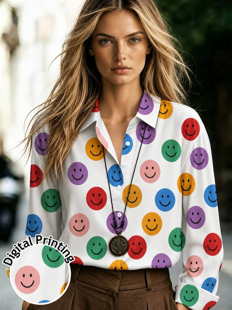 Franclia Women's Fashion Smiling Face Print Button Long Sleeve Shirt - Multicolor - View 1