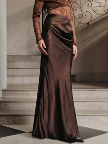 Anewsta Essential Women's Elegant Satin Mermaid Skirt - Brown - View 5