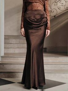 Anewsta Essential Women's Elegant Satin Mermaid Skirt - Brown - View 4