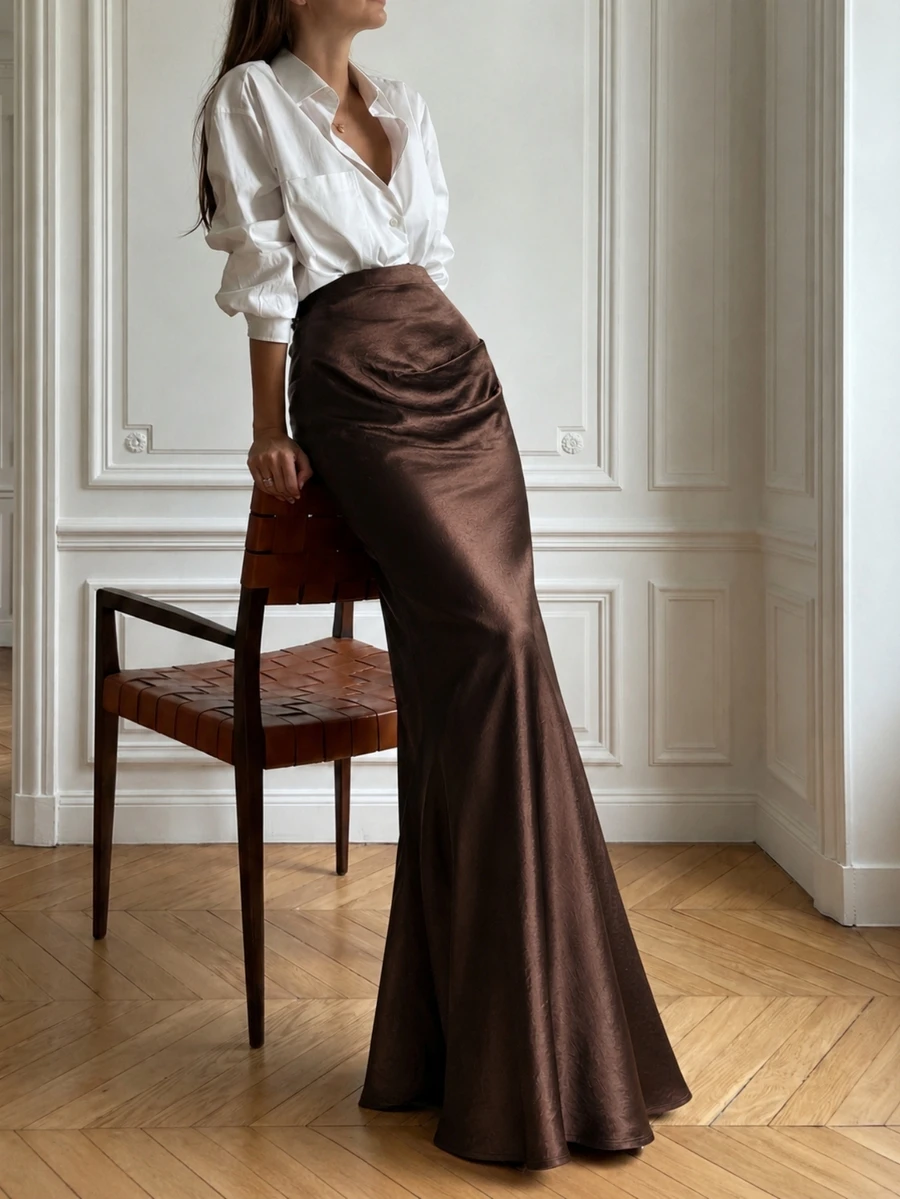 Anewsta Essential Women's Elegant Satin Mermaid Skirt - Brown - View 1