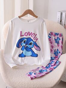 Girls' Long Sleeve Long Pants Snug Fit Loungewear Set, Mint Green Capybara Print Top + All-Over Print Guinea Pig Pants 2 Pieces Set, Casual Comfortable Snug Fit Pajamas For Tween GirlsCute Capybara Pattern Girls' Loungewear Set, Soft And Comfortable Fabric, Perfect Gift For Girls - Baby Pink - View 9