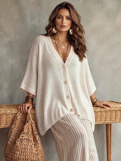 Linhara CURVE Plus Size Women Solid Color Knit Shawl Cardigan V-Neck Metal Button Suitable For Daily Casual Traditional Office Semi Formal Vacation Autumn Beige