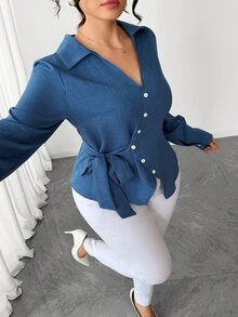 Elenzga Plus Size Women's Tie-Front Design Blouse Fall - Blue - View 7