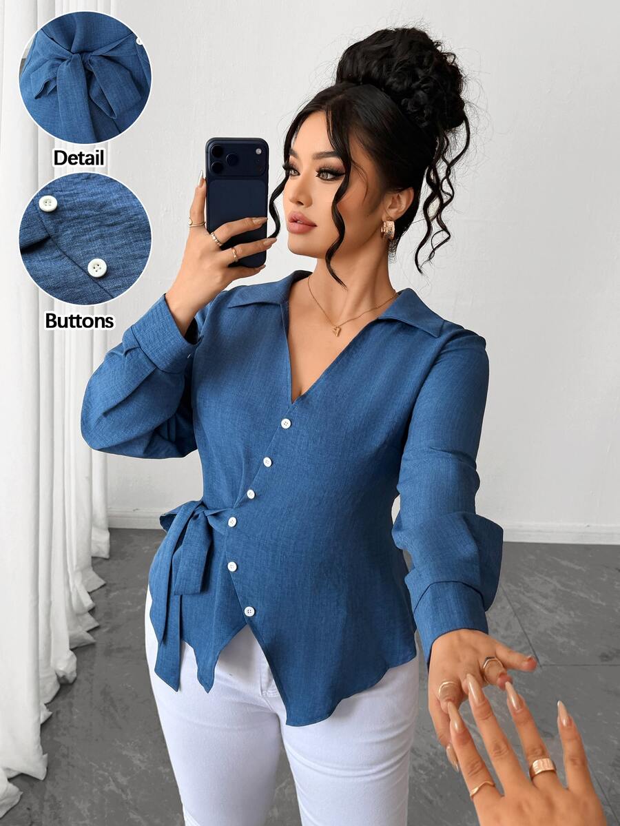 Elenzga Plus Size Women's Tie-Front Design Blouse Fall - Blue - View 1