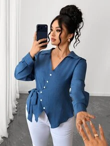Elenzga Plus Size Women's Tie-Front Design Blouse Fall - Blue - View 8