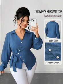 Elenzga Plus Size Women's Tie-Front Design Blouse Fall - Blue - View 9