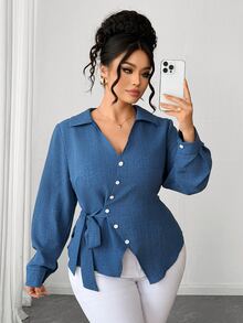 Elenzga Plus Size Women's Tie-Front Design Blouse Fall - Blue - View 6