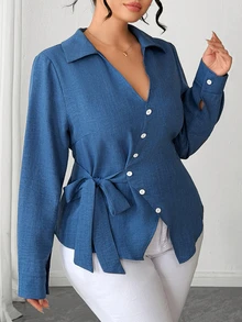 Elenzga Plus Size Women's Tie-Front Design Blouse Fall - Blue - View 3