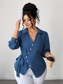 Elenzga Plus Size Women's Tie-Front Design Blouse Fall - Blue - View 4