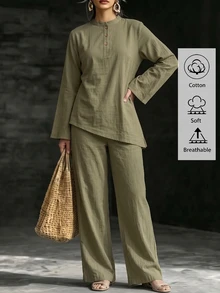 Linhara New Plus Size Middle Eastern Long Sleeve Asymmetrical Hem Half Cardigan & Pants Casual Women 2 Pieces Set Fall - Army Green - View 4