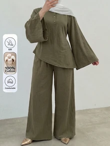 Linhara New Plus Size Middle Eastern Long Sleeve Asymmetrical Hem Half Cardigan & Pants Casual Women 2 Pieces Set Fall - Army Green - View 6