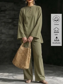 Linhara New Plus Size Middle Eastern Long Sleeve Asymmetrical Hem Half Cardigan & Pants Casual Women 2 Pieces Set Fall - Army Green - View 3