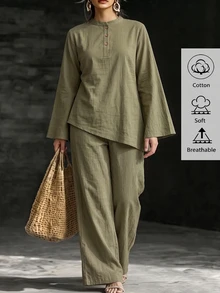 Linhara New Plus Size Middle Eastern Long Sleeve Asymmetrical Hem Half Cardigan & Pants Casual Women 2 Pieces Set Fall - Army Green - View 1