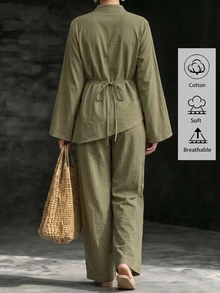 Linhara New Plus Size Middle Eastern Long Sleeve Asymmetrical Hem Half Cardigan & Pants Casual Women 2 Pieces Set Fall - Army Green - View 2