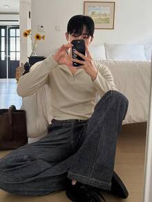 DAZY 男士白色羅紋布料長袖圓領半鈕扣素色T恤 秋季 - 駝色 - 查看 3