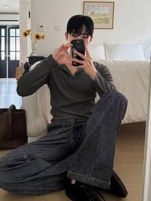 DAZY 男士白色羅紋布料長袖圓領半鈕扣純色T恤 秋季 - 深灰色 - 查看 3