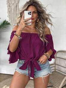 Linhara Plus Size Women's Vacation Solid Color Off-Shoulder Knotted Waist Fashionable Blouse - Red Violet - View 1