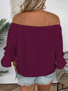 Linhara Plus Size Women's Vacation Solid Color Off-Shoulder Knotted Waist Fashionable Blouse - Red Violet - View 2