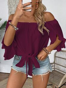 Linhara Plus Size Women's Vacation Solid Color Off-Shoulder Knotted Waist Fashionable Blouse - Red Violet - View 6