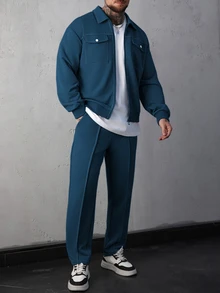 SLATEMANN 男士灰藍色兩件式套裝，拉鍊前口袋夾克與長褲休閒西裝，休閒時尚秋季度假慢跑套裝，老錢風運動休閒套裝 - 藍色 - 查看 4