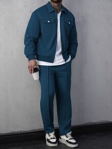 SLATEMANN 男士灰藍色兩件式套裝，拉鍊前口袋夾克與長褲休閒西裝，休閒時尚秋季度假慢跑套裝，老錢風運動休閒套裝 - 藍色 - 查看 3