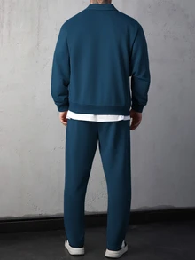 SLATEMANN 男士灰藍色兩件式套裝，拉鍊前口袋夾克與長褲休閒西裝，休閒時尚秋季度假慢跑套裝，老錢風運動休閒套裝 - 藍色 - 查看 2
