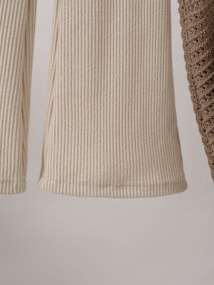 SHEIN Young Girl) Autumn/Winter Casual T-Shirt Set, Design-Inspired Asymmetrical Pullover High Neck Light Apricot Knit Ribbed Brushed Fabric Front White 3D Bow Decor Long Sleeve T-Shirt Top Paired With Light Apricot Solid Color Casual Flared Long Pants, 2 Pieces Set Suitable For Autumn/Winter Back To School Season, Elegant Lady High-End Daily School, Outing, Travel, Party Wear - Apricot - View 8