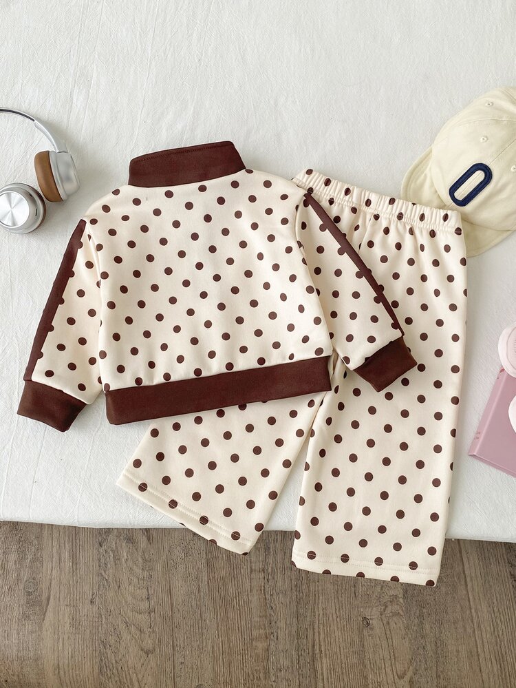SHEIN Toddler Girl T-Shirt Top Wide Leg Pants Brown And White Polka Dot Bow Embroidery Long Sleeve Half-Zip Birthday Party Family Matching Fall Cowgirl - Multicolor - View 2