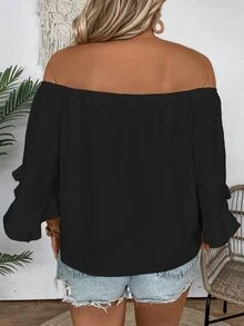 Linhara Plus Size Casual Solid Color One-Shoulder Ruffle Blouse - Black - View 2