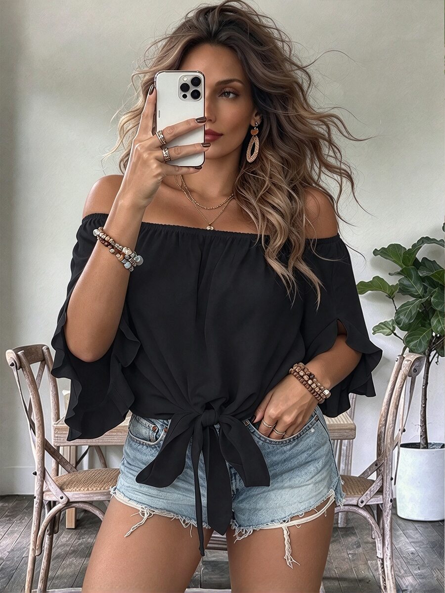 Linhara Plus Size Casual Solid Color One-Shoulder Ruffle Blouse - Black - View 1