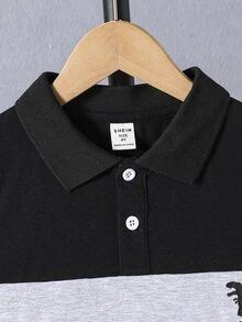 SHEIN Mirajuku 男童對比領長袖 Polo 衫，極簡休閒學院風，2000 年代端莊 80 年代 Drip 時尚校園風，黑白條紋秋季款 - 黑色 - 查看 5