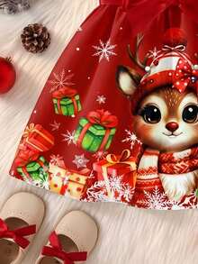 Girls Christmas Ribbed Christmas Gift Deer & Snowflake Pattern Ruffle Hem Dress, Cute & Sweet Baby Girls Outfit - Hot Pink - View 4