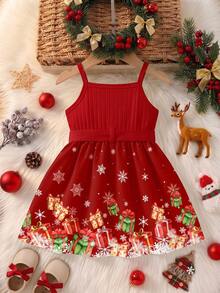 Girls Christmas Ribbed Christmas Gift Deer & Snowflake Pattern Ruffle Hem Dress, Cute & Sweet Baby Girls Outfit - Hot Pink - View 2