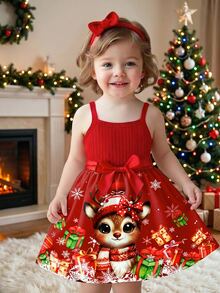 Girls Christmas Ribbed Christmas Gift Deer & Snowflake Pattern Ruffle Hem Dress, Cute & Sweet Baby Girls Outfit - Hot Pink - View 1