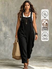 Linhara CURVE Plus Size Women's Solid Color Loose Jumpsuit , Fashionable And Comfortable Bib Jumpsuit ,Suitable For Vacation & Daily Wear, Spring/Summer,Cotton Jumpsuit - Black - View 1