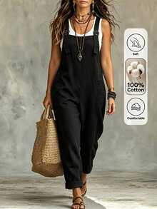 Linhara CURVE Plus Size Women's Solid Color Loose Jumpsuit , Fashionable And Comfortable Bib Jumpsuit ,Suitable For Vacation & Daily Wear, Spring/Summer,Cotton Jumpsuit - Black - View 3