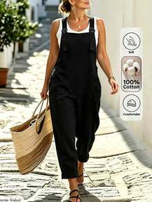 Linhara CURVE Plus Size Women's Solid Color Loose Jumpsuit , Fashionable And Comfortable Bib Jumpsuit ,Suitable For Vacation & Daily Wear, Spring/Summer,Cotton Jumpsuit - Black - View 4