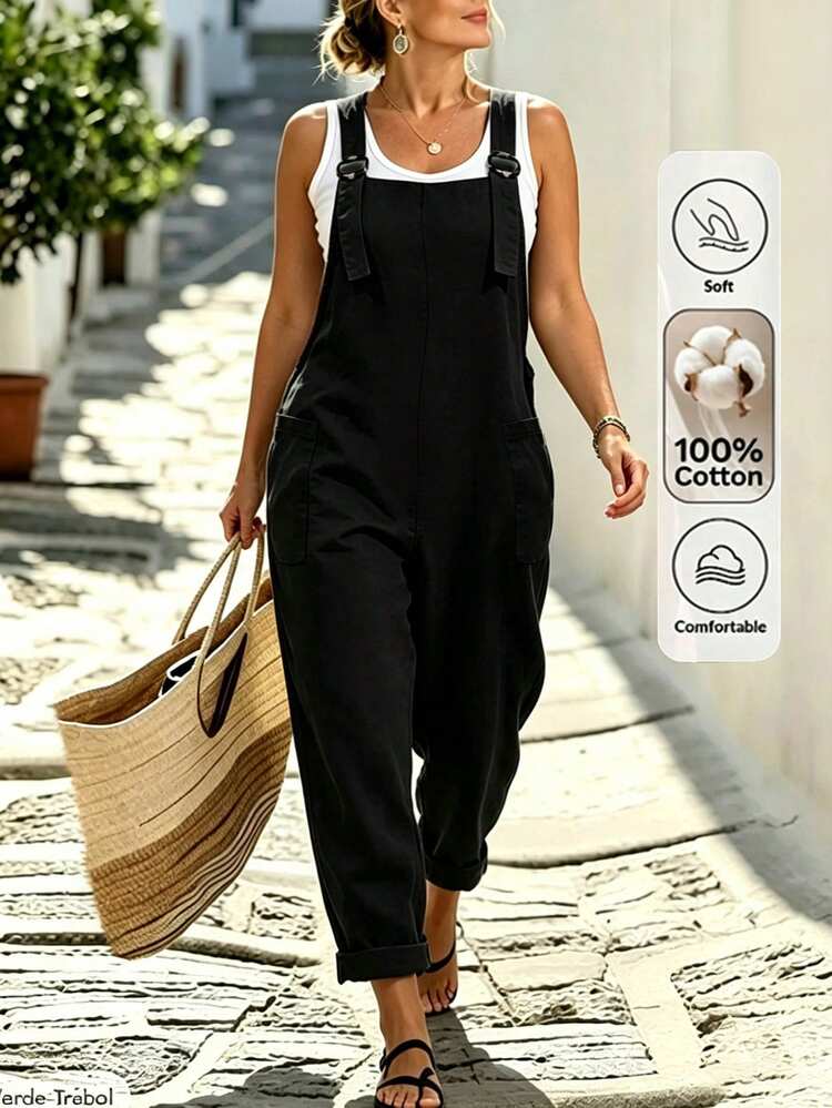 Linhara CURVE Plus Size Women's Solid Color Loose Jumpsuit , Fashionable And Comfortable Bib Jumpsuit ,Suitable For Vacation & Daily Wear, Spring/Summer,Cotton Jumpsuit - Black - View 4