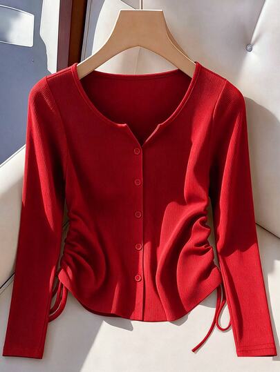 GlowEve CURVE Áo thun tay dài dệt kim gân cổ chữ V màu trơn thanh lịch size lớn, thiết kế dây rút eo tôn dáng, một hàng cúc, phù hợp mặc đi làm hàng ngày, tiệc tùng và du lịch