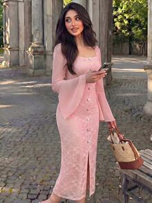 Modelyn Soft Mature Dating Office Party Pink Lace Vintage Square Neck Dress Pearl Buttons Slightly Sheer Flared Sleeves Fitted Bodycon Slit Dress New Year - Pink - View 6