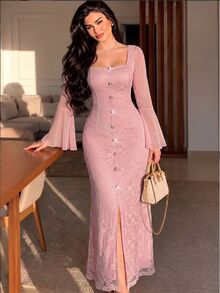 Modelyn Soft Mature Dating Office Party Pink Lace Vintage Square Neck Dress Pearl Buttons Slightly Sheer Flared Sleeves Fitted Bodycon Slit Dress New Year - Pink - View 3