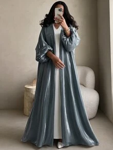 Yasmyna 女款灰綠色長袖梭織亮面布料花瓣袖保守優雅浪漫阿拉伯式長袍 - 灰色 - 查看 1