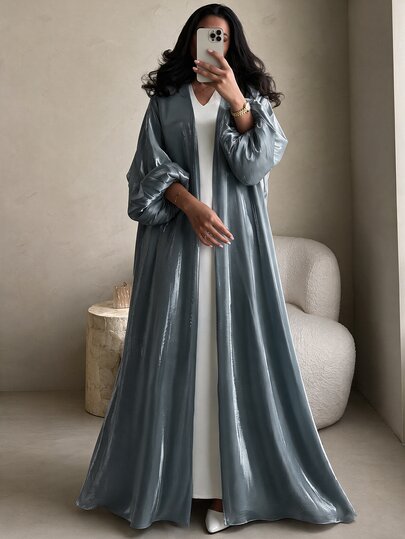 Yasmyna Women's Grey-Green Long Sleeve Woven Shiny Fabric Petal Sleeve Conservative Elegant Romantic Arabic Abaya