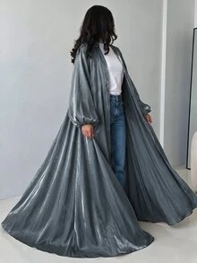 Yasmyna 女款灰綠色長袖梭織亮面布料花瓣袖保守優雅浪漫阿拉伯式長袍 - 灰色 - 查看 6