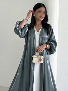 Yasmyna 女款灰綠色長袖梭織亮面布料花瓣袖保守優雅浪漫阿拉伯式長袍 - 灰色 - 查看 5