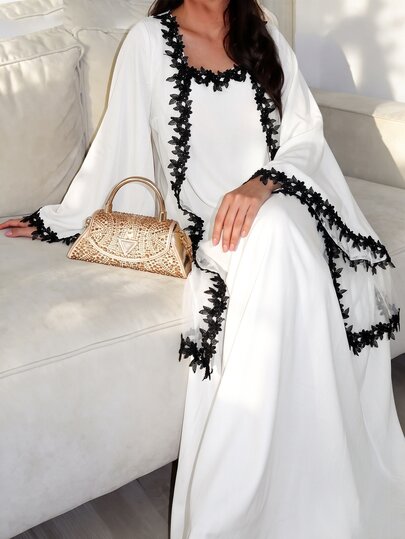 Yasmyna French Vintage Tulle Dress, 2 In 1, Hollow Lace Trim, Black And White Lace Patchwork, A-Line, Elegant And Relaxed Style, Women's Elegant Arabic-Inspired Dress