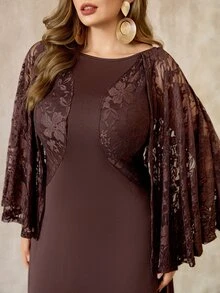Roveilla Plus Size Women Dark Color Slimming Lace Back Drape Elegant Romantic Lady Party Wedding Formal Cocktail Banquet Dress Chocolate Brown Brown Summer - Brown - View 1