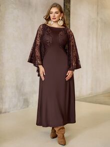Roveilla Plus Size Women Dark Color Slimming Lace Back Drape Elegant Romantic Lady Party Wedding Formal Cocktail Banquet Dress Chocolate Brown Brown Summer - Brown - View 5